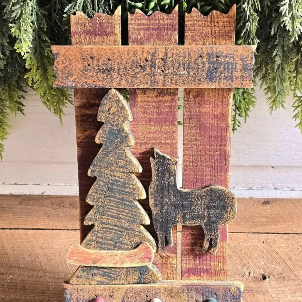 Primitive Distressed Wooden Wolf Tree Canoe Key Peg Rack Cabin Wall Hanging